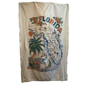 Vintage 1970s Florida Souvenir Beach Towel Palm Tress Pink Flamingoes